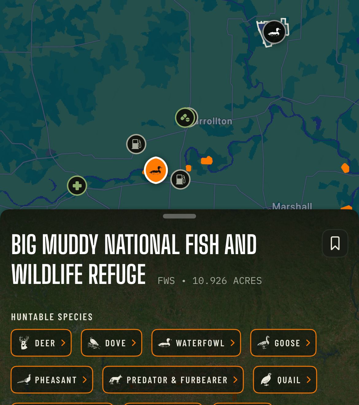 Huntrail map screen showing a refuge with its acreage and huntable species