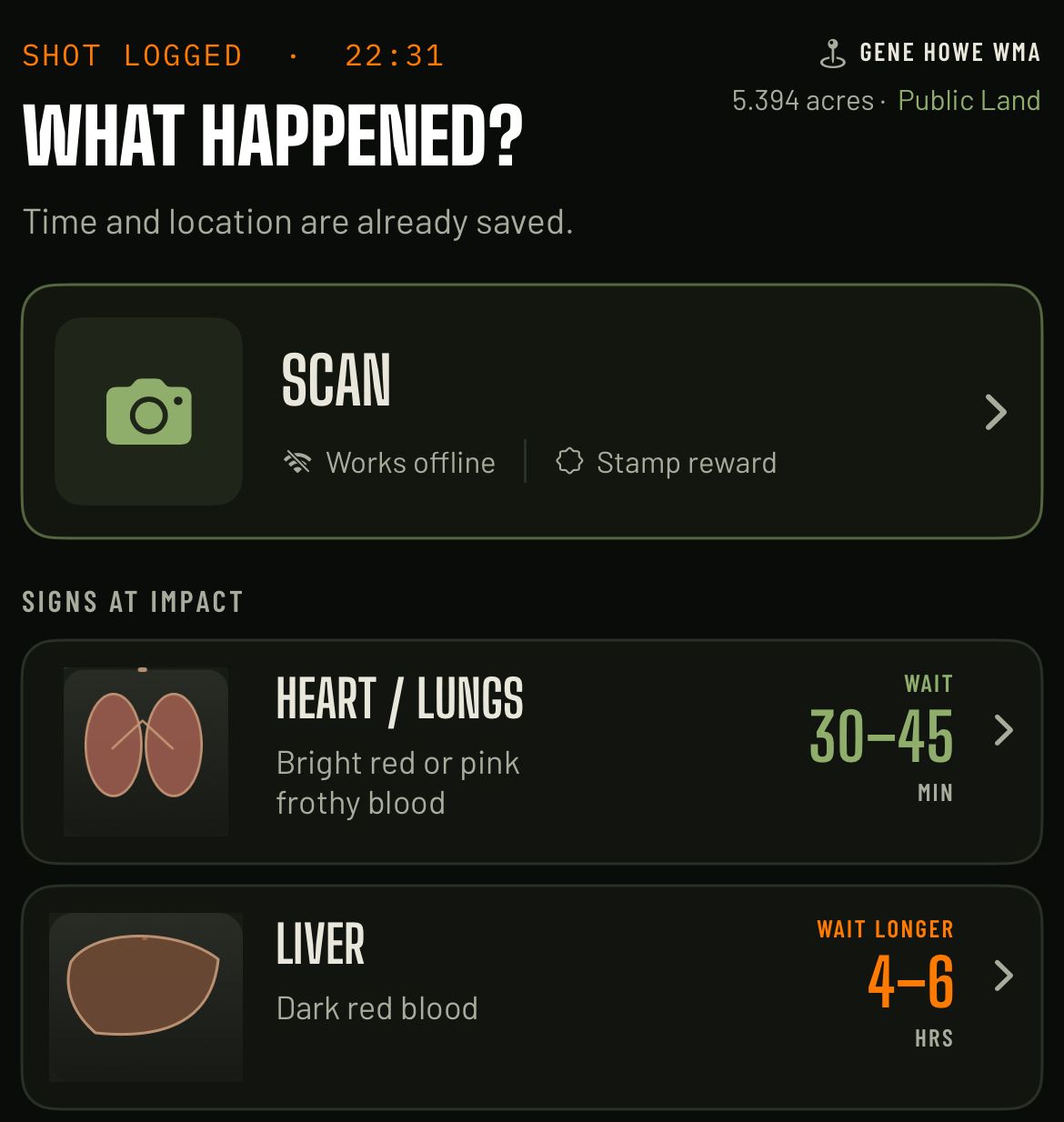 After a logged shot: scan the harvest, works offline, earns a stamp
