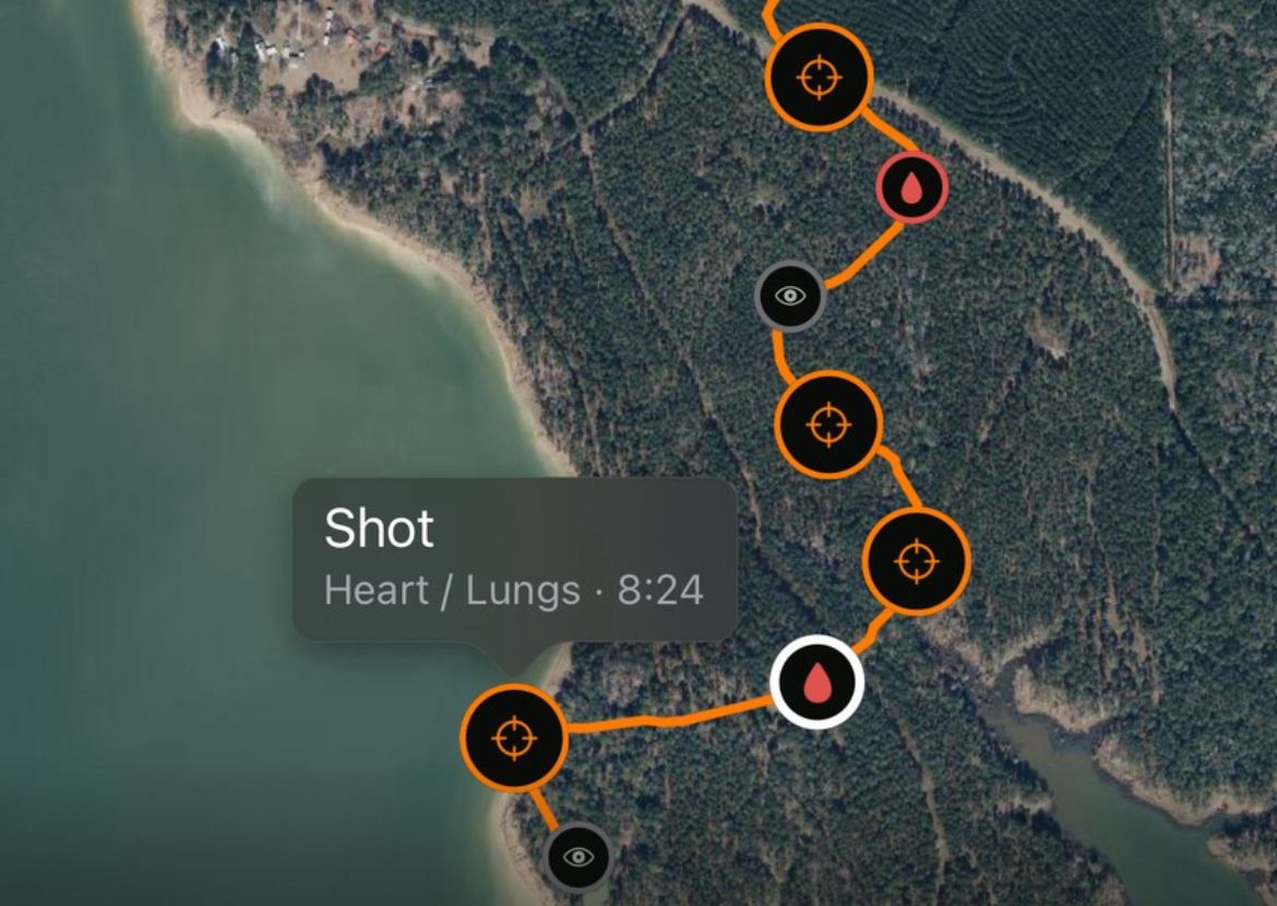 A recorded hunt track with shot, sighting and blood markers